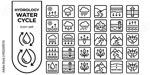 Hydrology Water Cycle Bold Line Icons-Evaporation Condensation Precipitation Runoff Infiltration Groundwater Transpiration Snowmelt-20 Hydrology Icon Set Vector - Water Cycle Icons