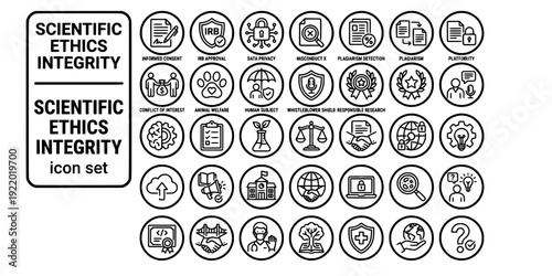 Scientific Ethics Integrity Bold Line Icons-Informed Consent IRB Data Privacy Misconduct Plagiarism Conflict Interest Animal Welfare-20 Ethics Icon Set Vector - Research Integrity Icons
