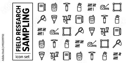 Field Research Environmental Sampling Bold Line Icons-Field Notebook GPS Soil Core Water Sampling Species Count Transect Quadrat-20 Field Research Icon Set Vector - Environmental Science Icons