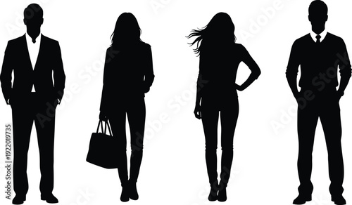 Black silhouette of a diverse group of four professional men and women standing on white background, corporate business team, leadership, and successful partnership concept.