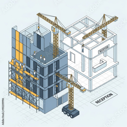 Isometric illustration of a building under construction with cranes and scaffolding.