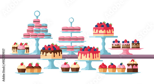 A colorful and elaborate dessert table showcases an assortment of cakes, cupcakes, and macarons arranged on tiered stands.