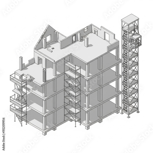 3D rendering of a multi-story building under construction with scaffolding.