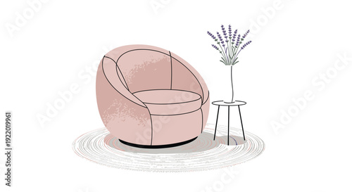 A cozy pink round armchair is positioned beside a small side table holding a vase with lavender flowers on a rug.