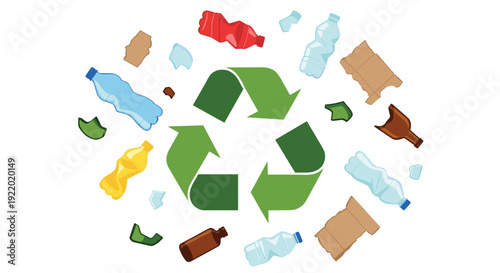 A green recycling symbol is centrally placed with scattered waste items including plastic bottles, broken glass, and cardboard pieces floating around on a white background.