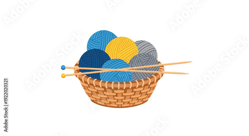 A rustic wicker basket is filled with colorful yarn balls in various shades of blue, yellow, and grey, with a pair of wooden knitting needles resting across its top on a white background.