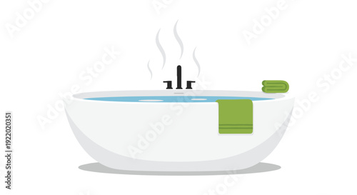 A contemporary white bathtub is filled with steaming hot water, featuring a sleek black tap and a vibrant green towel gracefully draped over its side, all on a plain white background.