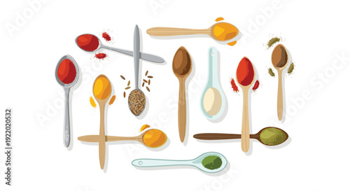 A circular arrangement of various metal and wooden spoons, each filled with colorful spices, scattered on a simple white background.