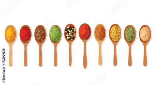 A horizontal row of multiple wooden spoons, each filled with a different colorful spice, neatly arranged and isolated on a white background.
