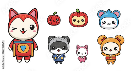 Kawaii Character Collection Featuring Cute Animals and Pumpkin Mascot Icons