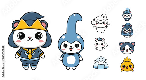 Collection of cute blue and yellow kawaii character mascots and icons set on white background