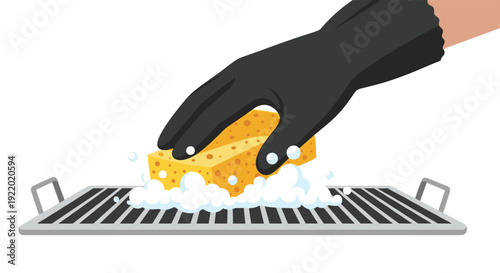 A person wearing a black rubber glove diligently cleans a rectangular metal barbecue grill using a sudsy yellow sponge on a plain white backdrop.
