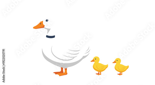 A graceful white adult goose with an orange beak and webbed feet walks purposefully, followed by two small yellow fuzzy ducklings on a white background.