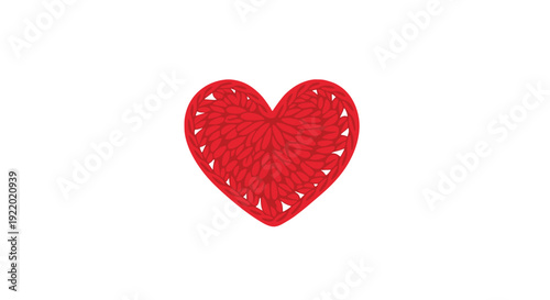 A vibrant red heart shape, intricately designed with a soft, knitted fabric texture, isolated cleanly on a pure white background.