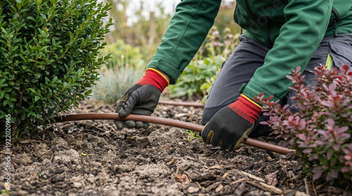 Gardener installing drip irrigation system in garden bed with mulch and plants, close-up on hands with gloves, watering and sustainable gardening concept, outdoor autumn day