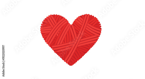 An abstract heart shape formed by several interwoven red ribbons, creating a layered and three-dimensional appearance on a plain white surface.