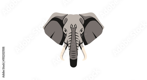 A stylized illustration of an elephant's head facing forward, featuring large ears, visible tusks, and subtle shading details, isolated against white.