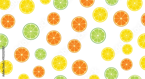 A vibrant, seamless pattern featuring numerous round slices of oranges, lemons, and limes scattered randomly across a bright white background.