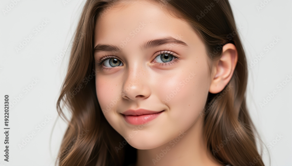 Obraz premium Smiling Teen Portrait: A close-up shot of a teen girl, showcasing her natural beauty with long wavy hair and a radiant smile.