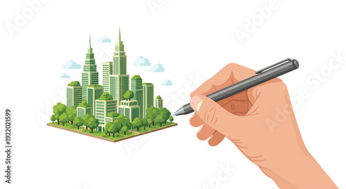 A hand draws an isometric green cityscape illustration, showcasing modern tall buildings and lush trees, against a pristine white background.