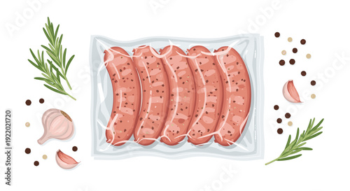 Five raw sausages are vacuum-sealed in a plastic package, presented alongside fresh garlic, rosemary, and peppercorns on a clean white background.