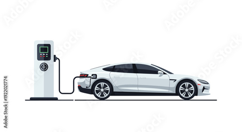 A modern white electric car is actively charging its battery at a public charging station, depicted against a clean white background.