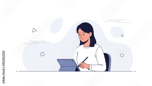 Woman Drawing on Digital Tablet with Stylus, Flat Design Illustration