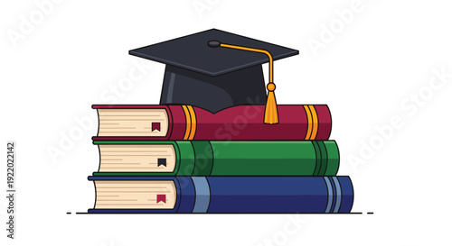 A black graduation cap with a gold tassel rests on top of a stack of three colorful books with bookmarks on a white background.