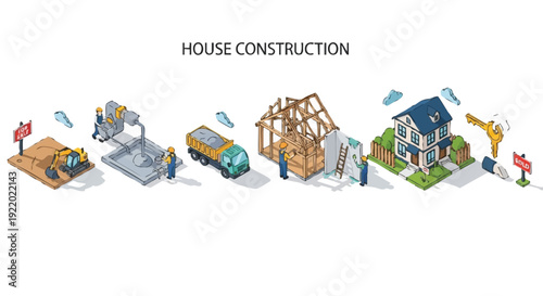 Isometric House Construction Process Infographic: Step-by-Step Home Building Journey from Foundation to Key Handover and Ownership Stages