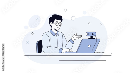 Man With Laptop and Webcam, Online Meeting, Video Call, Remote Work Illustration