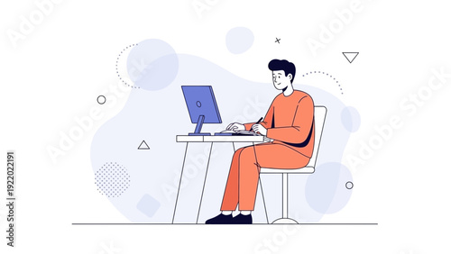 Man Working on Computer at Desk, Modern Flat Illustration, Remote Work Concept