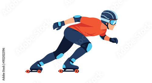 A male speed skater with a helmet and protective pads is actively moving forward on roller skates with orange wheels.