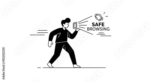 Man Holding Smartphone Promoting Safe Browsing with Digital Security shield icon