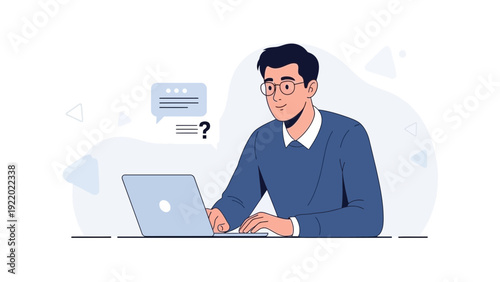 Man working on laptop with chat bubble and question mark, modern flat illustration