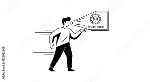 Man holding a dashboard projected from his mouth in a modern illustration style