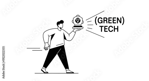 Man Holding a Trophy with Green Tech Text Symbolizing Success in Sustainable Innovation