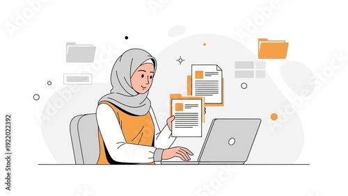 Muslim Woman Working on Laptop, Organizing Documents and Files, Modern Office Illustration