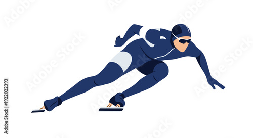 A professional speed skater in a sleek blue and white suit with goggles is in a low, aerodynamic racing stance on ice skates.