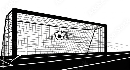 Soccer ball inside the goal net, ready for scoring a point.