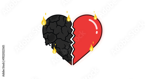 A cartoon style broken heart is half red and shiny, with the other half cracked black and small flames burning from above on a white background.