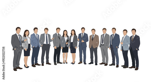 A diverse group of business professionals, men and women, stand together in stylish suits and formal attire on a plain white background.