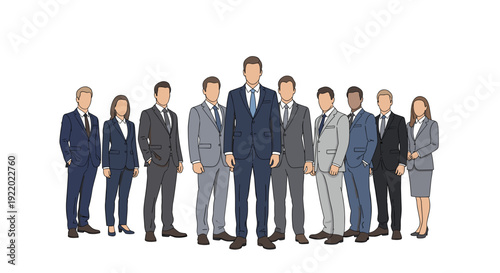 A confident group of business professionals, with a taller man in the center, stands in smart suits against a white background.