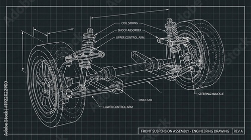 A technical wireframe diagram of a front suspension assembly, showing coil springs, shock absorbers, control arms, steering knuckles, and tires, drawn with precision and symmetry, emphasizing mechanic