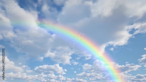 Vibrant Rainbow in Cloudy Blue Sky.