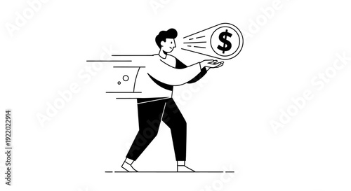 Man holding a glowing dollar sign coin with motion lines conveying speed and value