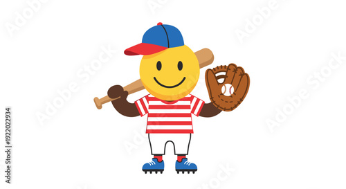 A cheerful cartoon baseball player character, wearing a striped uniform and cap, stands proudly while holding a wooden bat and a brown mitt with a baseball.
