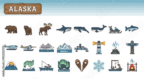 Engaging collection of Alaskan-themed flat design icons showcasing diverse wildlife, majestic natural landscapes, unique cultural symbols, and adventurous outdoor activities of the northern frontier