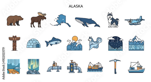 Collection of Alaska Icons Wildlife, Nature, and Symbols of the Last Frontier