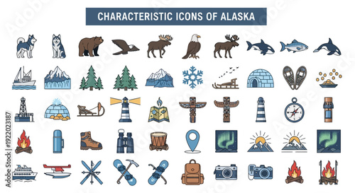 Comprehensive vector icon set showcasing the distinct wildlife, breathtaking natural beauty, and unique cultural aspects emblematic of Alaska's rich heritage