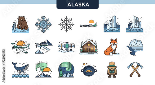Alaska icons set, featuring wildlife, landmarks, and activities for a comprehensive travel and nature theme